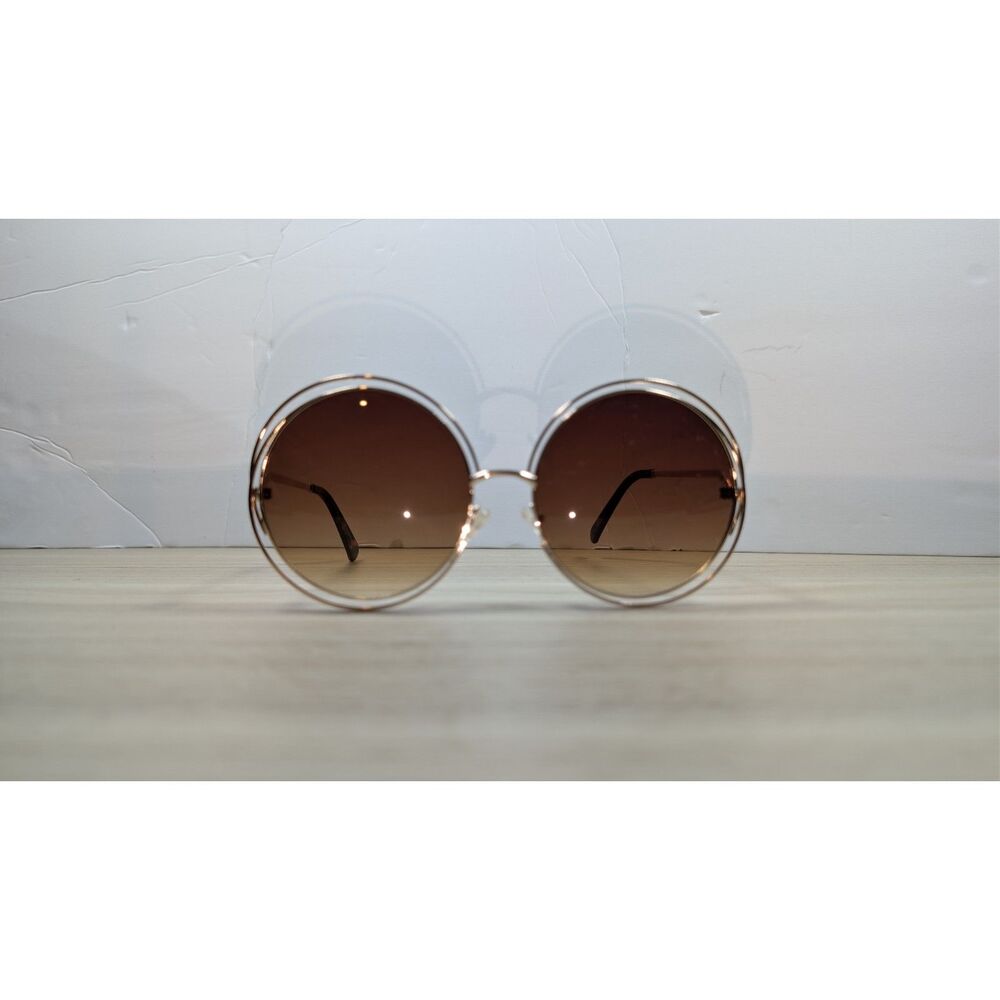 Round Double Bridge Sunglasses Gold Frame Brown Gradient Lenses Retro